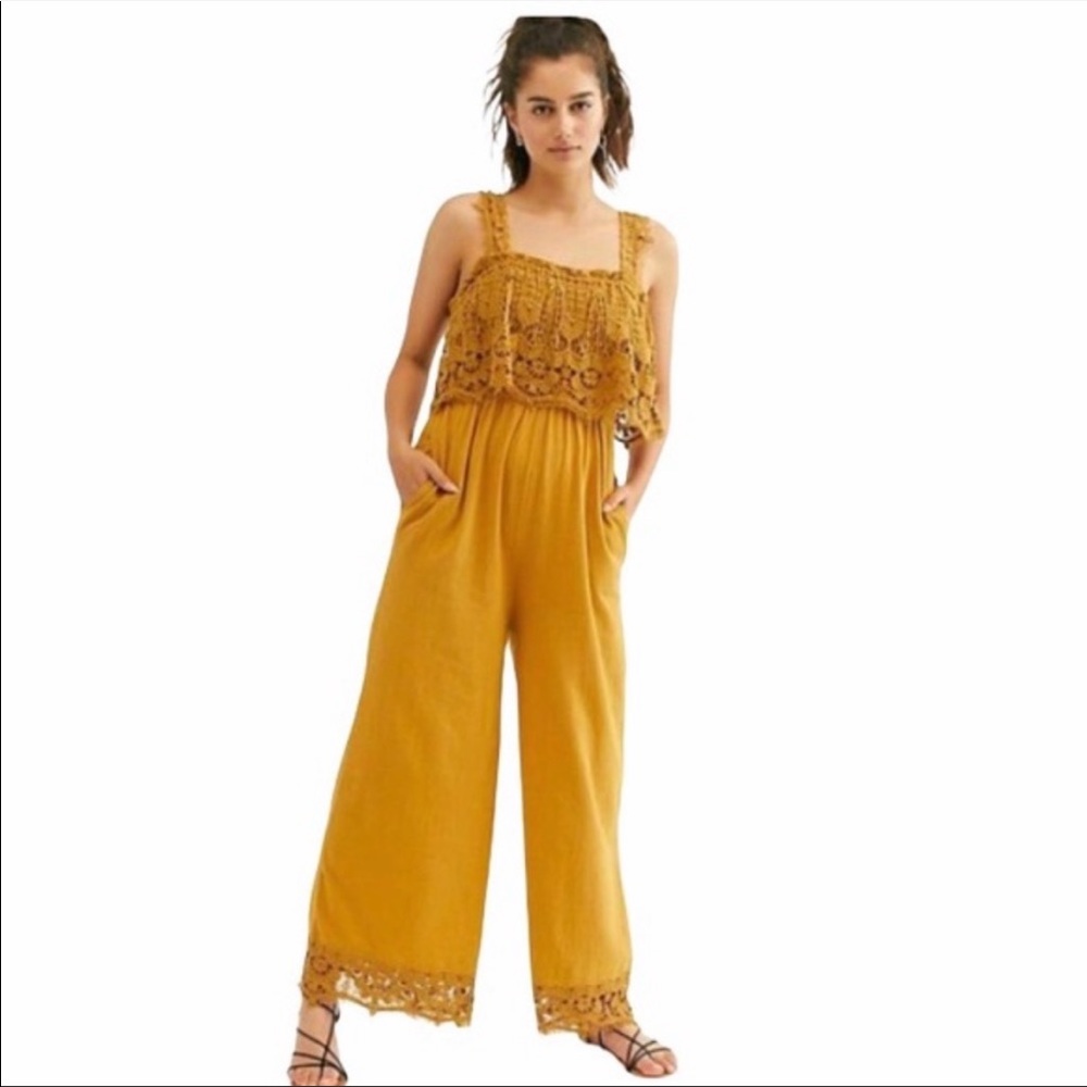 Free People Mustard Crochet Lace Wide-Leg Jumpsuit